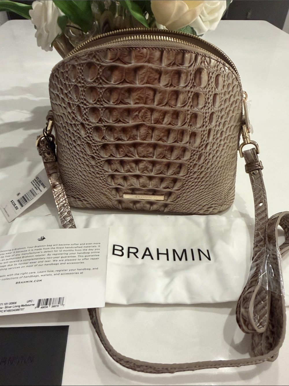 New Brahmin Small Georgina Silver Lining Melborne . Crossbody with Gold Hardware